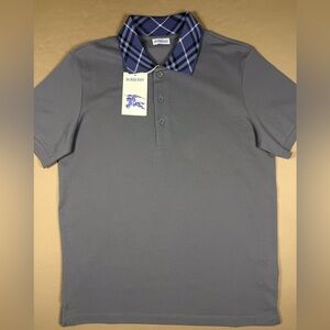 Burberry Men's Grey Polo with Contrasting Blue Check Collar Small